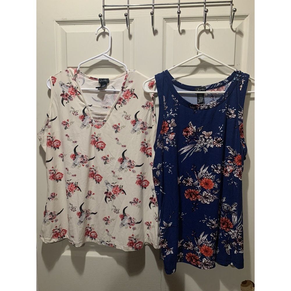 Justify Bundle Tank Style Tops Floral - 2 Tops - Blue, White 2XL